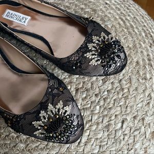 Badgley Mischka Lace Nude Embroidered and Beaded Flats